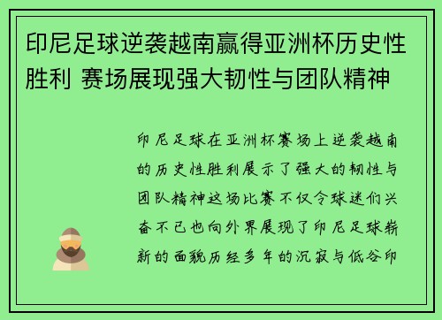 印尼足球逆袭越南赢得亚洲杯历史性胜利 赛场展现强大韧性与团队精神