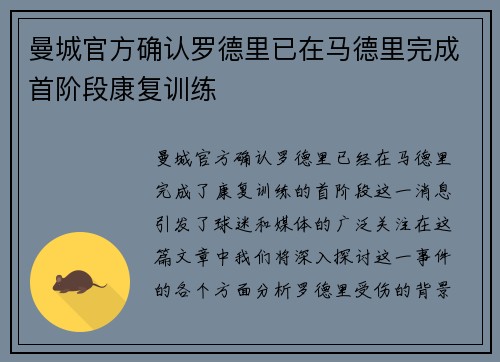 曼城官方确认罗德里已在马德里完成首阶段康复训练