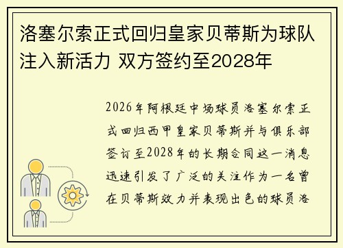 洛塞尔索正式回归皇家贝蒂斯为球队注入新活力 双方签约至2028年 洛塞尔索正式回归皇家贝蒂斯为球队注入新活力 双方签约至2028年